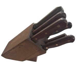 VTG Santa Fe Lifetime Cutlery Knife Set w Wood Block , Japan 60s-70s Stainless